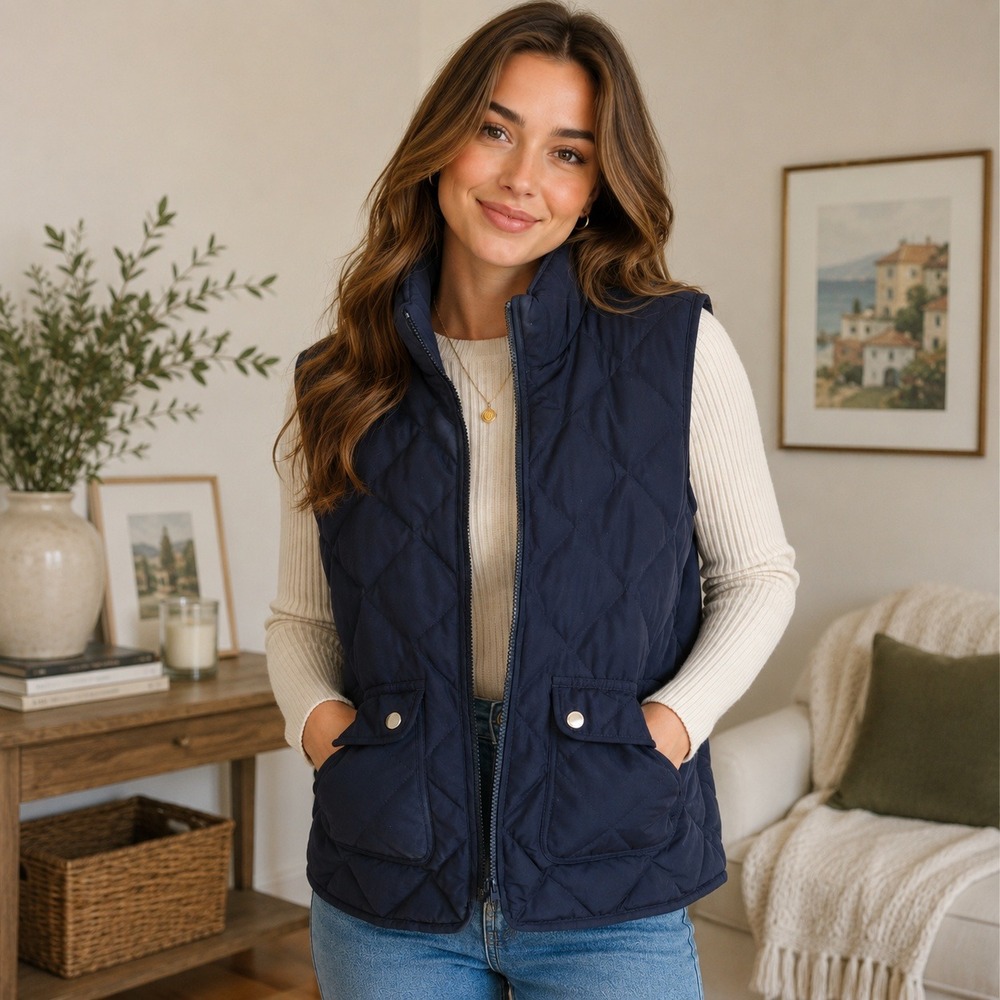 Talbots Quilted Puffer Vest Size Small Petite Navy Blue Full Zip Snap Pockets